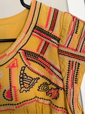 Roolee Embroidered Mustard Boho Shirt with black/pink/coral detail